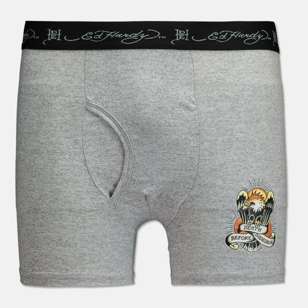 Ed Hardy DEATH BEFORE DISHONOR Heather Grey Soft Boxer Briefs Mens Large NEW